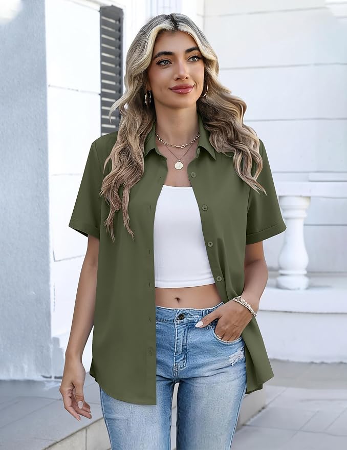 Zeagoo Button Down Shirts for Women Short Sleeve Collared Tops Dressy Casual V Neck Blouses