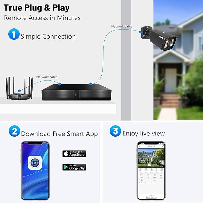 4K Security Camera System, 4pcs 2K PoE Wired Turret Cameras with Human Detection and 2 Way Talk, Color Night Vision, 8MP 4CH NVR with 1TB Hard Drive for 24/7 Local Recording, No Subscription (Black)
