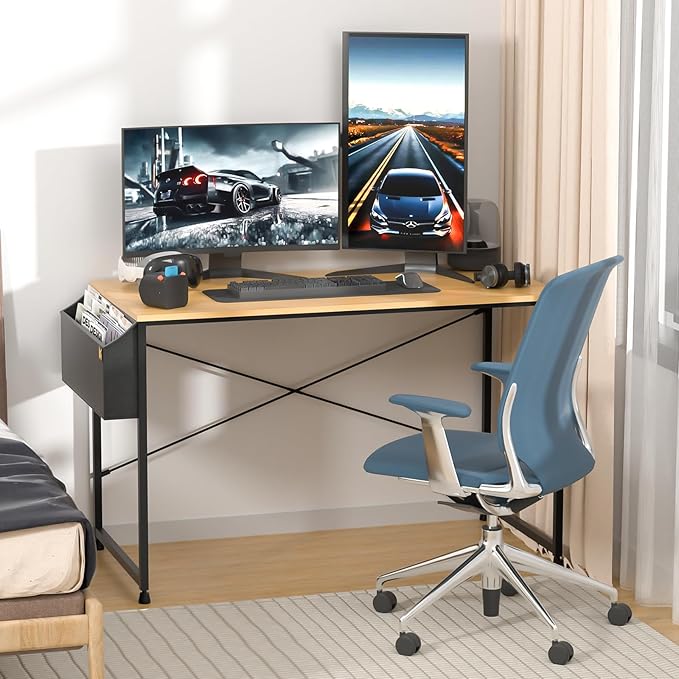MoNiBloom Computer Desk, Modern Simple Style Laptop Table with Storage Bag for Reading Writing Livingroom Bedroom - Light Walnut