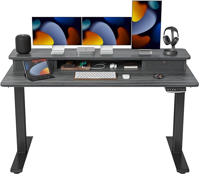 FEZIBO 60 x 24 Inch Height Adjustable Electric Standing Desk with Double Drawer, Stand Up Desk with Storage Shelf, Sit Stand Desk, Grey