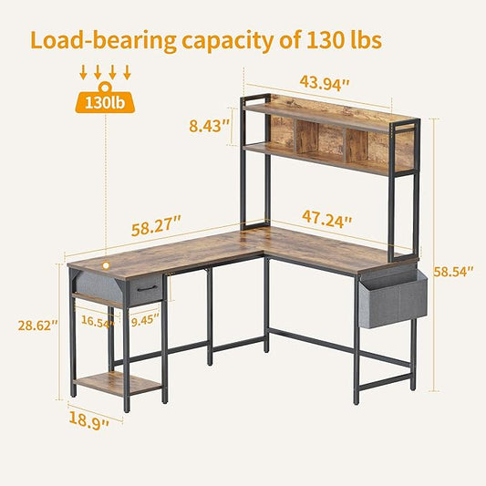 BANTI L Shaped Desk with Hutch, 58 inch Corner Computer Desk with Drawer,Home Office Gaming Table Workstation with Storage Bookshelf, Rustic Brown