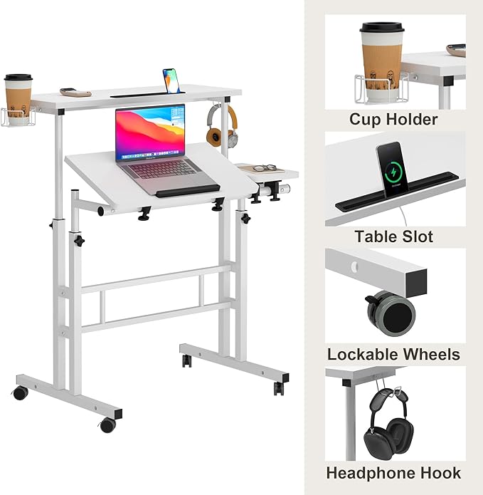 SDHYL 31.5 inches Movable Laptop Desk with Mouse Board Adjustable Height and Angle Anti-Slip Workstation Home Office Desk with Tablet Slot Portable Student Desk, White with Hook