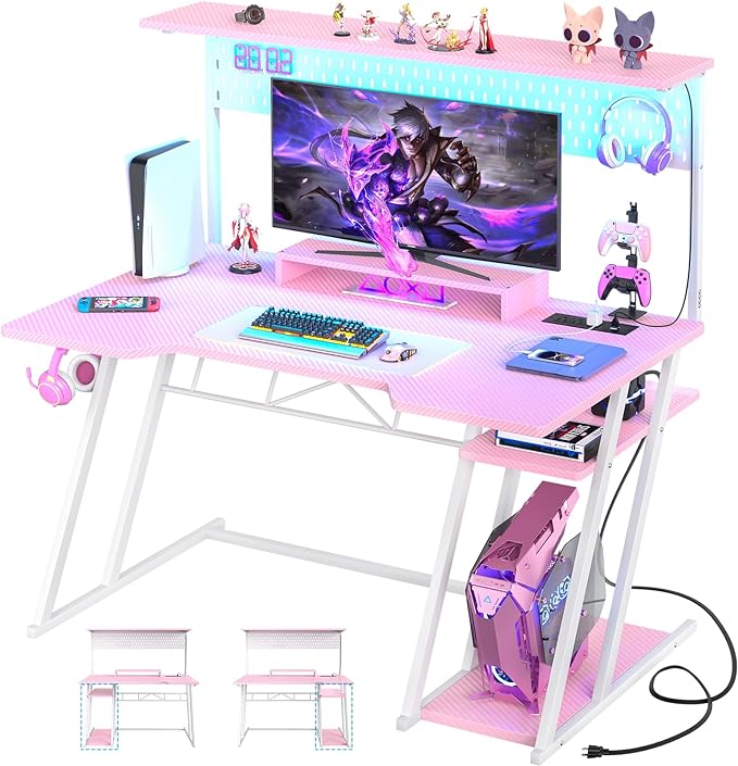 Gaming Computer Desk with Outlets and Storage Shelves, Pink Gaming Desk with Hutch and LED Lights, PC Gaming Desk with Pegboard for Bedroom, Carbon Fiber Pink, 47''