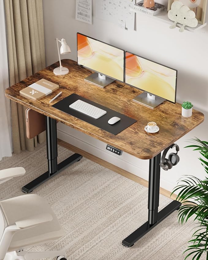 Electric Standing Desk Adjustable Height Stand Up Desk, 48" x 24" Sit Stand Desk, Low Noise Home Office Desk, Computer Desk with Whole-Piece Board, Child Lock & Memory Function, Rustic Brown