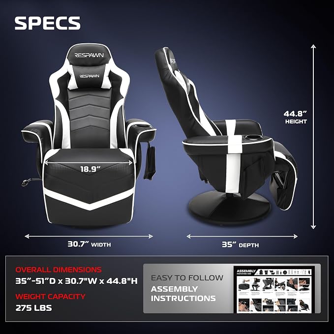 RESPAWN 900 Gaming Recliner Chair with Footrest, Cup Holder and Swivel | Ergonomic gaming recliner with footrest, cup holder, lumbar support, 135° recline & 360° swivel for console gaming