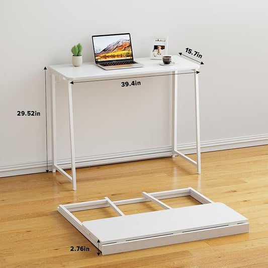 WOHOMO Folding Desk, 39.4" Foldable Computer Table for Small Spaces, White | Easy Assembly and Fold, Sturdy Home office desks for Study Bedroom Dorm Space Saving Writing Work Apartment