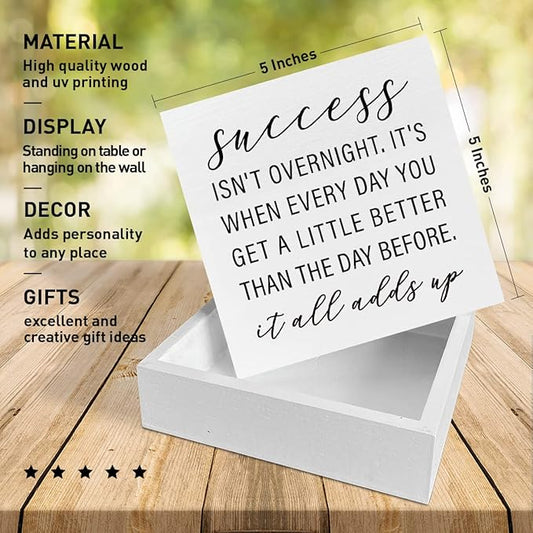 Home Office Desk Wooden Box Sign Decor, Success Isn't Overnight, Inspirational Quotes Desk Decor Motivational Desk Decorations for Women Men Student Office Classroom School