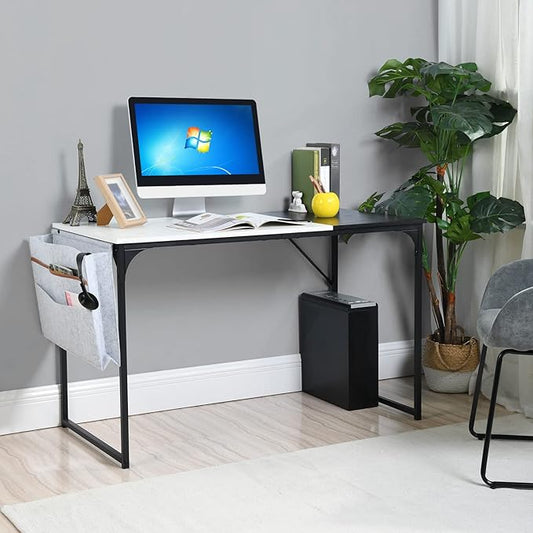 FurnitureR 39.4 inch Study Writing Table with Storage Bag Space Saving for Home Office, Modern PC Metal Frame Computer Desk, Black/White