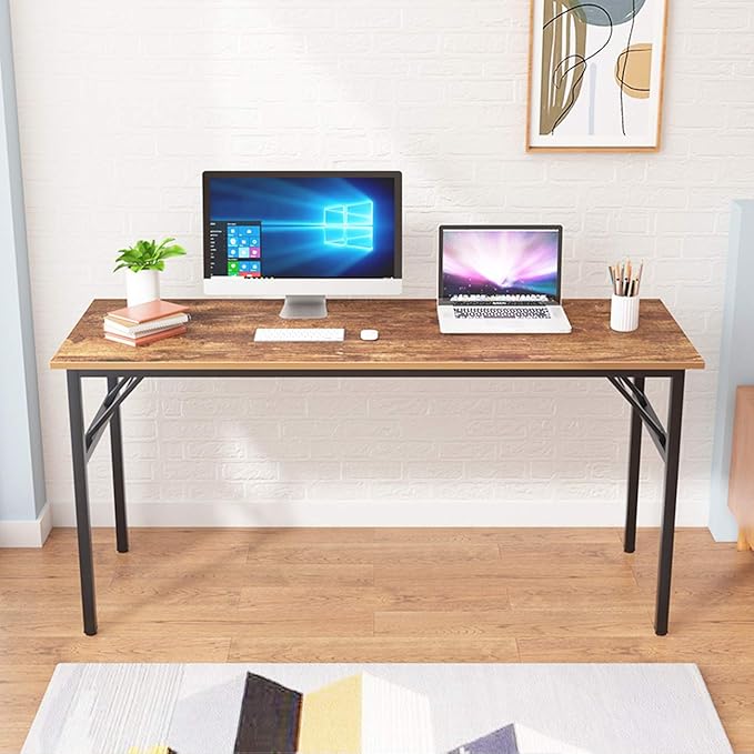 SogesGame Computer Desk, 62 Inch Large Desk Modern Simple Style Folding Tables, Home Office Writing Desk, Space Saving Foldable Table, No Install Needed, Retro Black