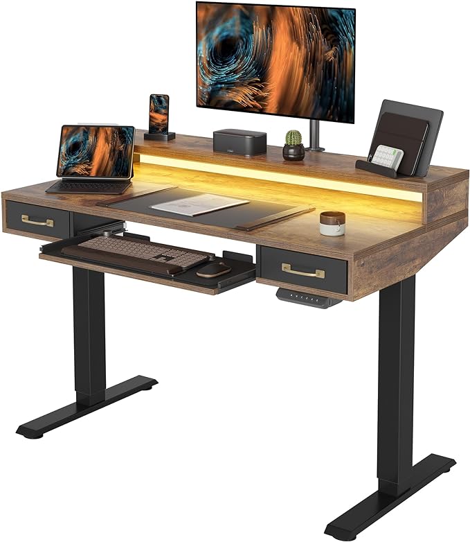 FEZIBO 48 x 24 Inch Height Adjustable Electric Standing Desk with Double Drawers&Keyboard Tray, Stand Up Desk with LED Strips, Sit Stand Desk with Monitor Stand, Rustic Brown
