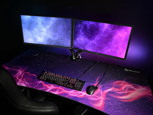 Arozzi Arena Special Edition Ultrawide Curved Gaming and Office Desk with Full Surface Water Resistant Desk Mat Custom Monitor Mount Cable Management Cut Outs - Purple Galaxy