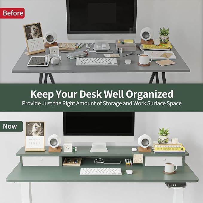 FEZIBO 60 x 24 Inch Height Adjustable Electric Standing Desk with Double Drawer, Stand Up Desk with Storage Shelf, Sit Stand Desk, Green