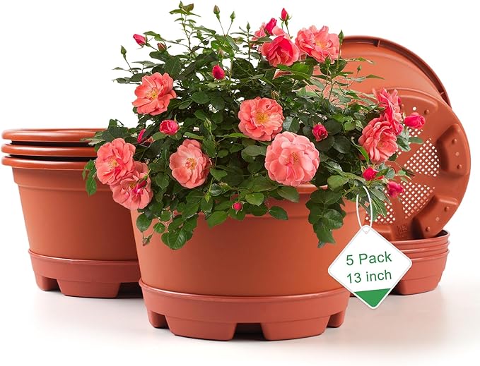 Outdoor Flower Pots 5 Packs 13 inch pots for Plants Modern Decorative Garden Pot with Saucer, Lightweight Large Resin Planters for Indoor Plants,Decorative Resin Plant pots