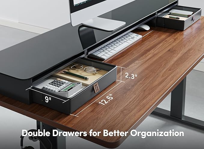 FEZIBO 48 x 24 Inch Height Adjustable Glass Electric Standing Desk with Double Drawer, Stand Up Desk with Storage Shelf, Sit Stand Desk, Black Walnut