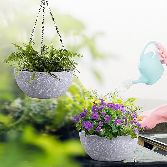 10 inch Hanging Planters for Outdoor Indoor Plants with Drainage Holes and Chain, 2 Pack Round Hanging Flower Plant Pots for Garden Home Porch Decor, Speckled Grey