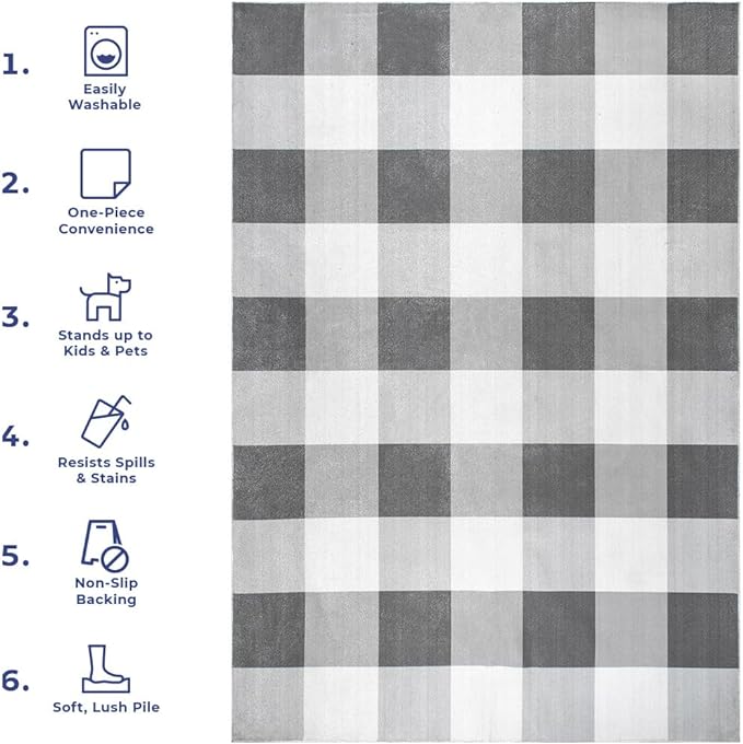 nuLOOM Lucy Machine Washable Farmhouse Buffalo Plaid Ultra Thin Accent Rug, 2' x 3', Grey