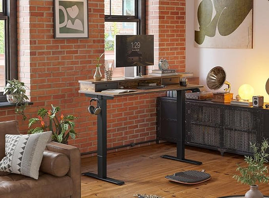 FEZIBO 55 x 24 Inch Height Adjustable Electric Standing Desk with Double Drawer, Stand Up Desk with Storage Shelf, Sit Stand Desk, Rustic Brown