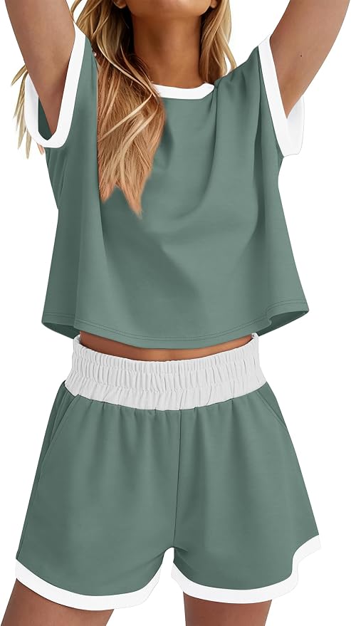 WIHOLL Two Piece Sets for Women Summer Lounge Short Sets Cap Sleeve Crew Neck Sweatsuit with Pocket XS-2XL