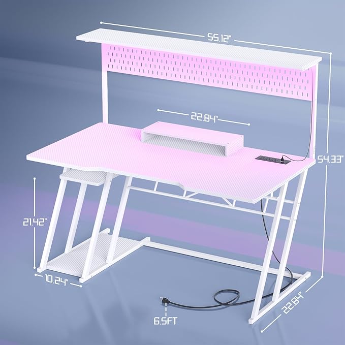55'' White Gaming Desk with Hutch and LED Lights, Gaming Computer Desk with Storage Shelves & Z-Shaped Legs, Reversible PC Gaming Desk with Pegboard, Ergonomic Desk for Bedroom, Carbon Fiber Surface