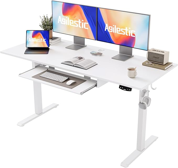 Height Adjustable Desk with Keyboard Tray, 55 x 24 Inches Electric Standing Desk, Stand up Computer Table with Memory Preset, Modern Lift Motorized Gaming Workstation, White