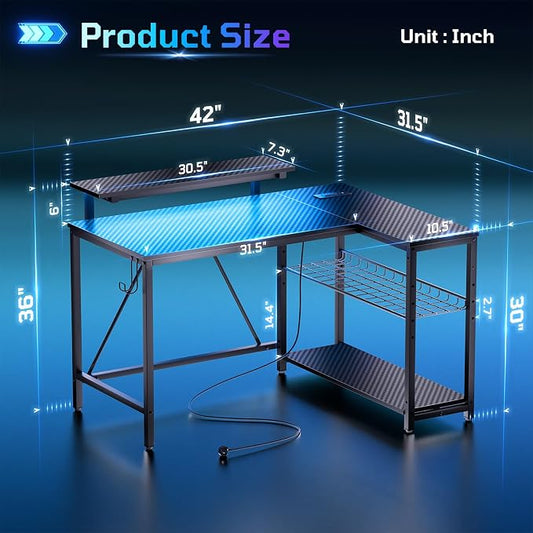 Bestier 42-Inch L-Shaped Computer Desk with Charging & LED, Black | Charging 2AC+USB+Type-C, RGB LED Strip, Reversible Shelves, Monitor Stand, Headphone Hook, Cable Mgmt, Small Space