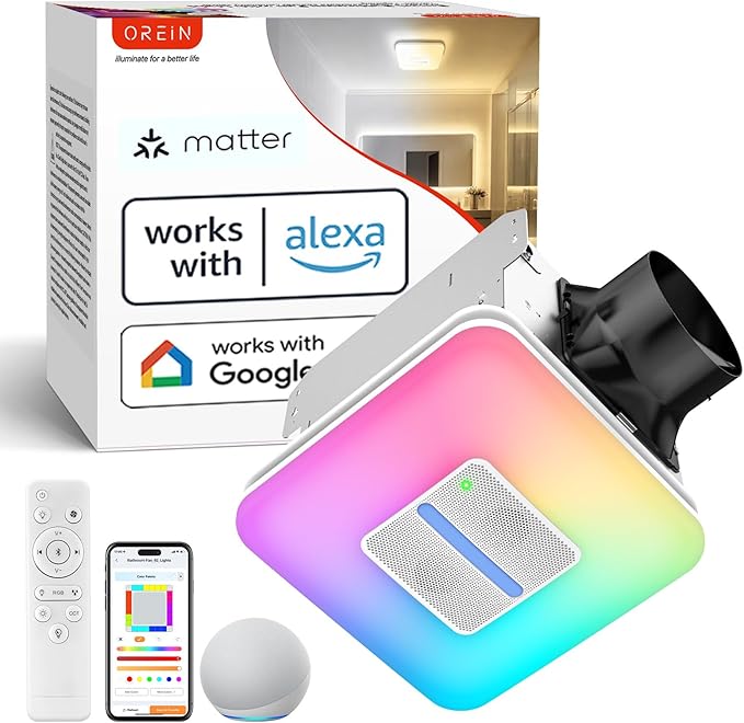 OREiN Matter Smart Bathroom Fan with Light – Humidity Sensor, 130–160 CFM Ventilation, Ultra-Quiet 1.0 Sone, Tunable White & Custom RGB, Dual Bluetooth Speakers, Compatible with Alexa & Google Home