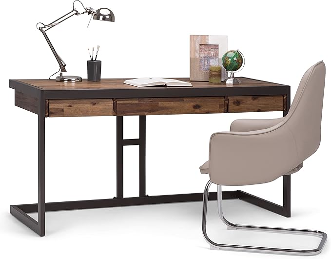 SIMPLIHOME Erina SOLID ACACIA WOOD Industrial 60 Inch Wide Writing Office Desk in Rustic Natural Aged Brown, For the Workstation and Study Table