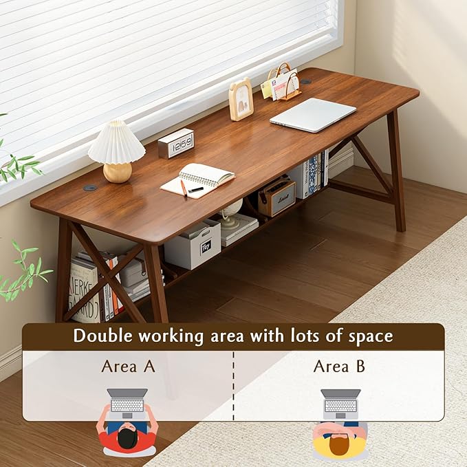 NELYE Extra Long Writing Desk with Bookshelf, 71" Wx24 Dx30 H, Walnut | Wooden Home Office Work Study Table, Computer Gaming Workstation with Storage Shelf, Sturdy MDF Resists Wobble
