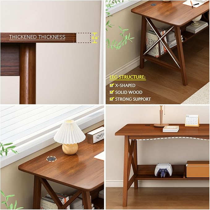 NELYE Extra Long Writing Desk with Bookshelf, 71" Wx24 Dx30 H, Walnut | Wooden Home Office Work Study Table, Computer Gaming Workstation with Storage Shelf, Sturdy MDF Resists Wobble