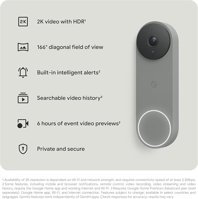 Google Nest Doorbell (Wired, 3rd Gen) - 2K Video, Live View - 2025 - Hazel | Video doorbell, 2K HDR, intelligent alerts, color night vision, 2-way audio, works with Google Home & Gemini