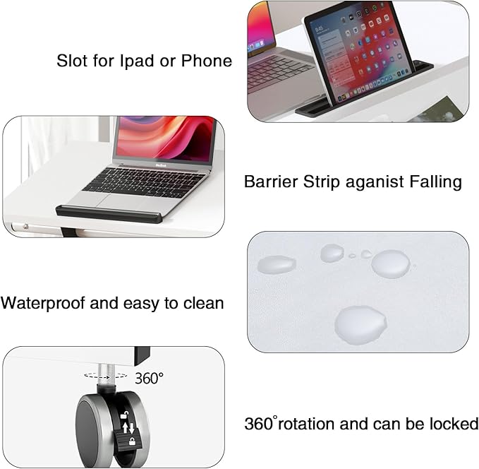 SDHYL 31.5 inches Movable Laptop Desk with Mouse Board Adjustable Height and Angle Anti-Slip Workstation Home Office Desk with Tablet Slot Portable Student Desk, White
