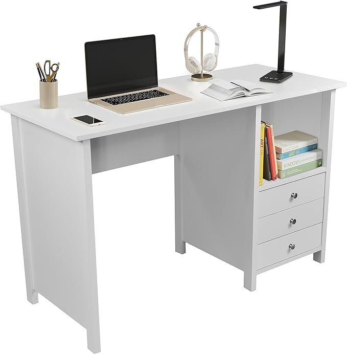 Techni Mobili White Desk with Drawers - Small Office Desk with 3 Cabinet Drawers, Open Shelf, & Laminated Wooden Panels Office & Study Table for Bedroom & Workstations