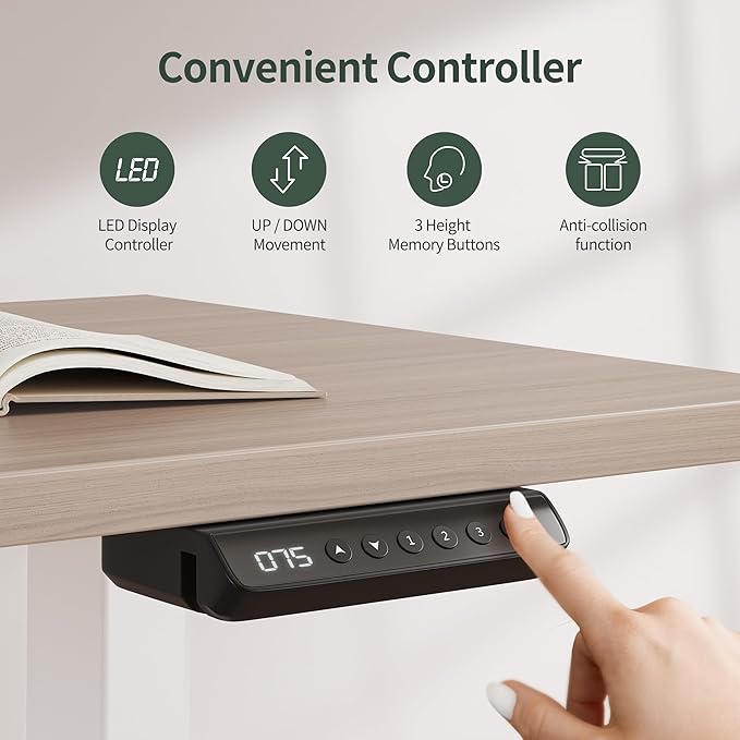 FEZIBO 63" L Shaped Standing Desk with 4 Drawers, Electric Standing Gaming Desk Adjustable Height, Corner Stand up Desk with Splice Board, White Frame/Light Walnut Top