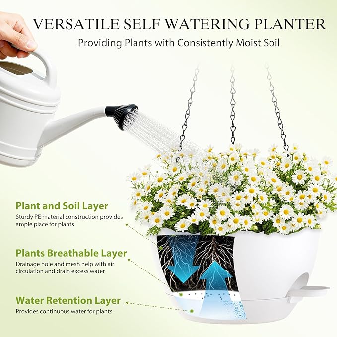 10 Inch Hanging Baskets 2 PC with Chains, Self-Watering Hanging Planters for Indoor Outdoor Plants, Plastic Hanging Flower Pots,White