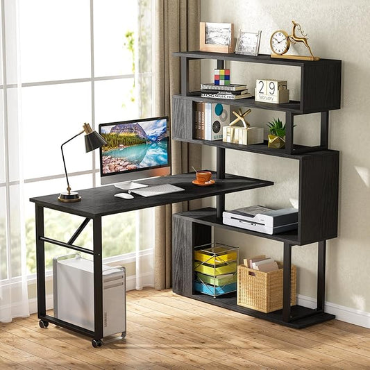 Rotating Computer Desk L-Shaped Office Desk with 5 Shelves Bookcase, Reversible Writing Desk Study Table with Wheels for Home Office, Black