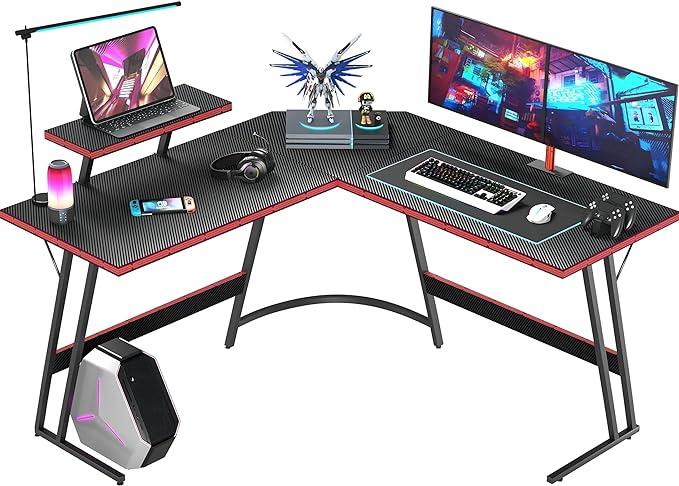 L Shaped Gaming Desk, 51 Inch Computer Corner Table with Large Monitor Stand & Carbon Fiber Surface for Home Office Study Writing Workstation, Black