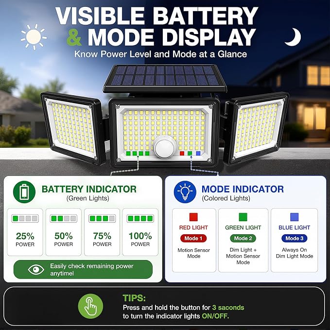 Solar Outdoor Lights Motion Sensor, 2500LM 286 LED Security Flood Lights with Visual Battery & Mode Display, 3 Lighting Modes, IP65 Waterproof 3-Head Wide Angle for Garage, Yard, Patio (6 Pack)