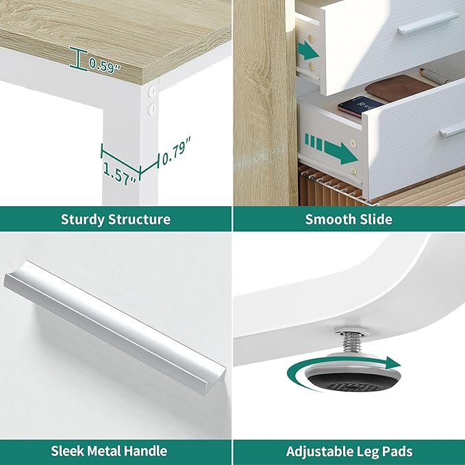 YITAHOME L Shaped Desk with Power Outlets & LED Lights & File Cabinet, 55" Corner Computer Desk with 3 Drawers & 2 Storage Shelves, Home Office Desk with Monitor Stand, Oak & White