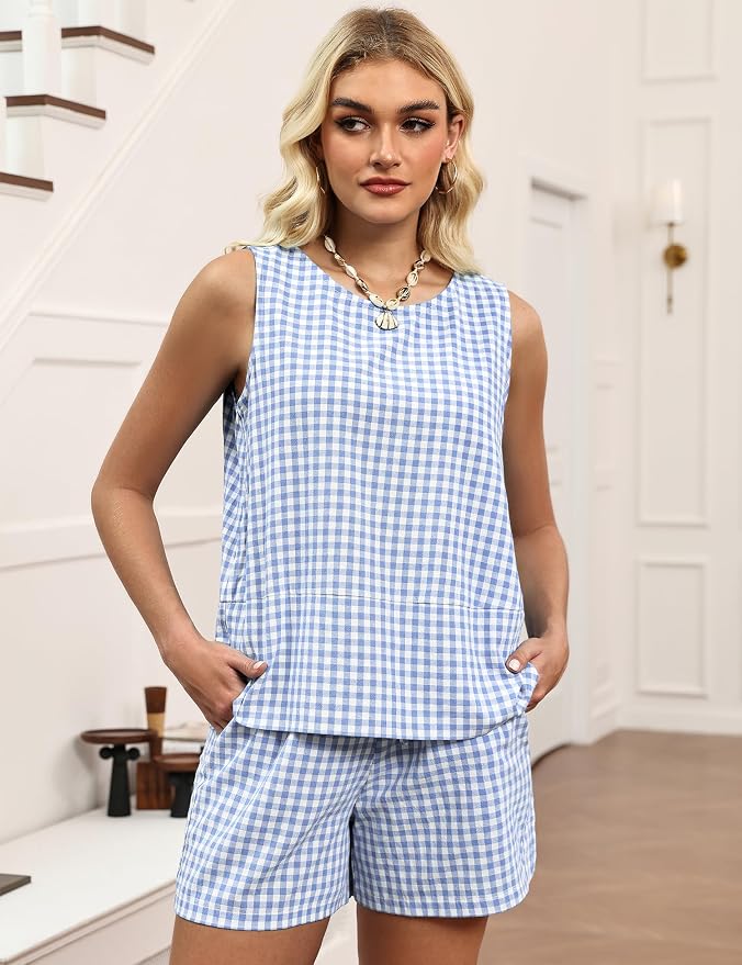 LOMON Women's Trendy 2 Piece Outfits Shorts Sets Summer Crew Neck Sleeveless Tank Top and Bottom Matching with Pockets 2026