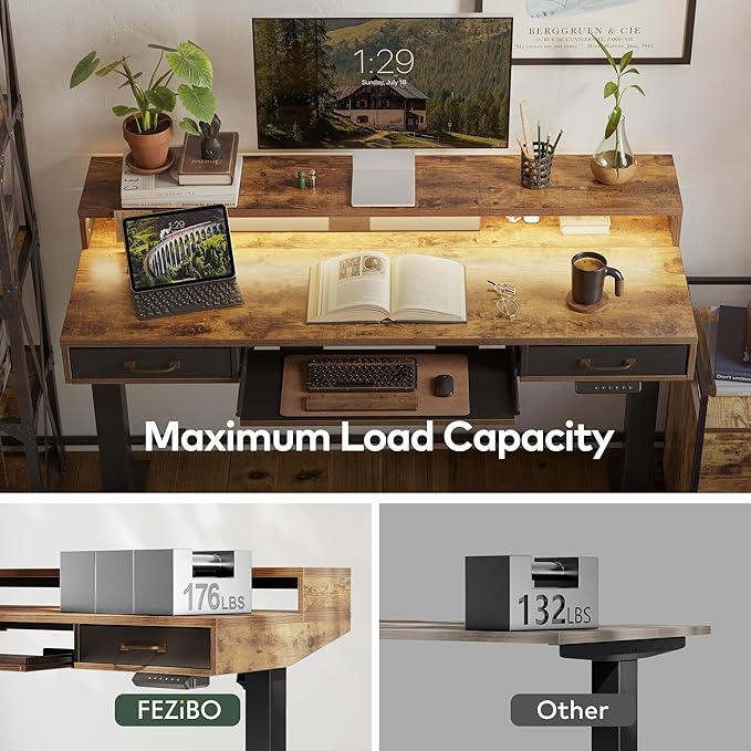 FEZIBO 55 x 24 Inch Height Adjustable Electric Standing Desk with Double Drawers&Keyboard Tray, Stand Up Desk with LED Strips, Sit Stand Desk with Monitor Stand, Rustic Brown