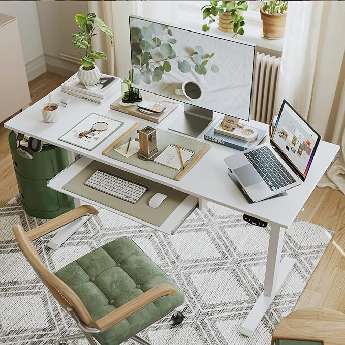 Height Adjustable Desk with Keyboard Tray, 55 x 24 Inches Electric Standing Desk, Stand up Computer Table with Memory Preset, Modern Lift Motorized Gaming Workstation, White