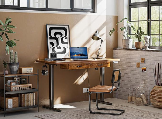 FEZIBO Adjustable Height Electric Standing Desk with Double Drawer, 55x 24 Inches Stand Up Home Office Desk with Splice Tabletop, Black Frame/Fir Brown Top