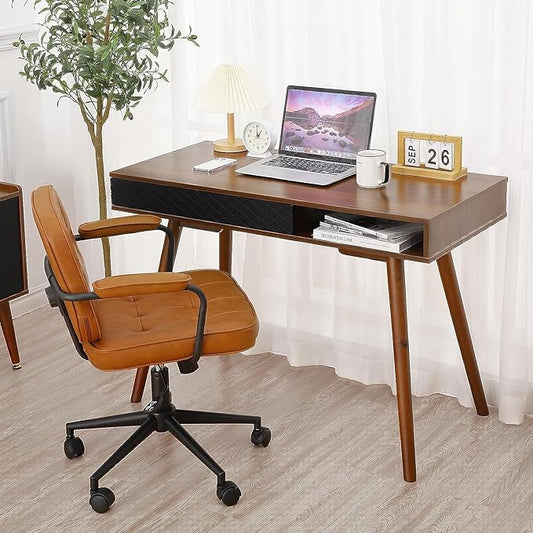 GAOMON Modern Home Office Writing Desk, 42 Inch Computer Table Desk with Drawers, Simple Mid Century Modern Desk, Walnut