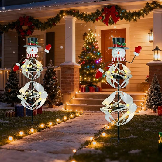 Outdoor Christmas Decorations Snowman Solar Wind Spinner Lighted Christmas Yard Stakes Outdoor Xmas Metal Wind Spinner Stake for Garden Lawn Pathway Party Decoration
