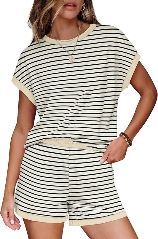 WIHOLL Two Piece Sets for Women Summer Lounge Short Sets Cap Sleeve Crew Neck Sweatsuit with Pocket XS-2XL