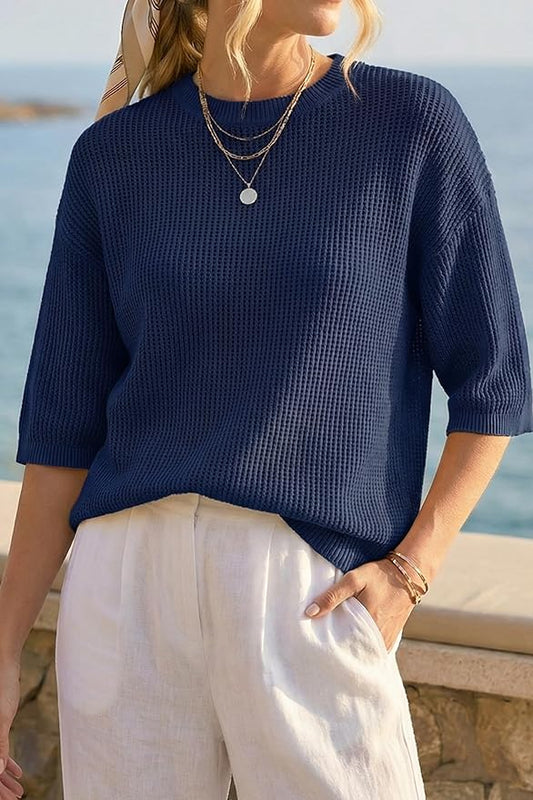 Arach&Cloz Womens Summer 100% Cotton Oversized Crochet Tops 3/4 Length Sleeve Sweater Hollow Out Casual Blouses 2026