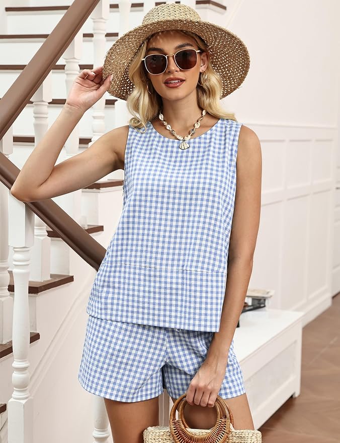 LOMON Women's Trendy 2 Piece Outfits Shorts Sets Summer Crew Neck Sleeveless Tank Top and Bottom Matching with Pockets 2026