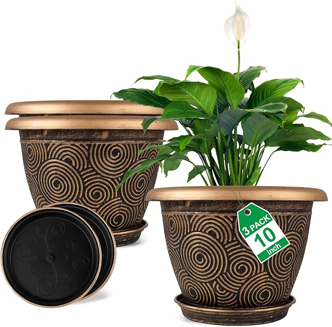 10 Inch Flower Pots Planters for Indoor Outdoor Plants, 3 Pack Plastic Large Plant Pots with Drainage Hole & Tray, Modern Decorative Garden Pot with Saucer, Plant Container for House