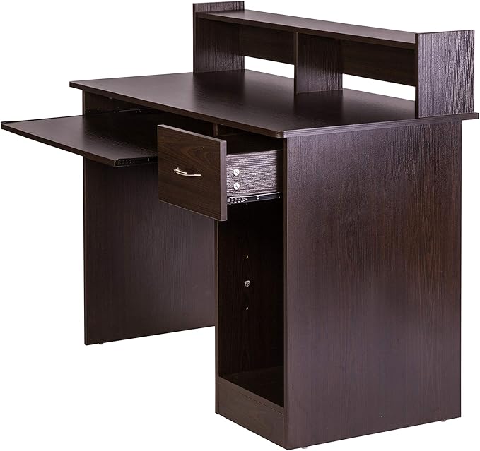 OneSpace Essential Computer Desk, Hutch with Pull-Out Keyboard, Espresso