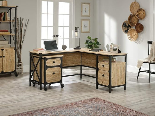 Sauder Steel River L-Shaped Desk (59.84" x 57.32" x 29.53") Steel River Lateral File (30.08" x 20.75" x 29.53") Bundle, Milled Mesquite Finish